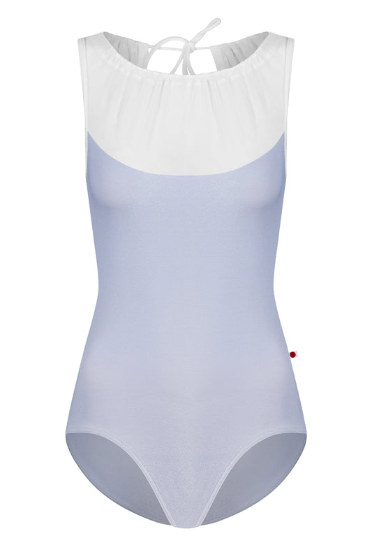 Paris leotard in Serenade, pale periwinkle velvet with a white gathered mesh boat neckline. 