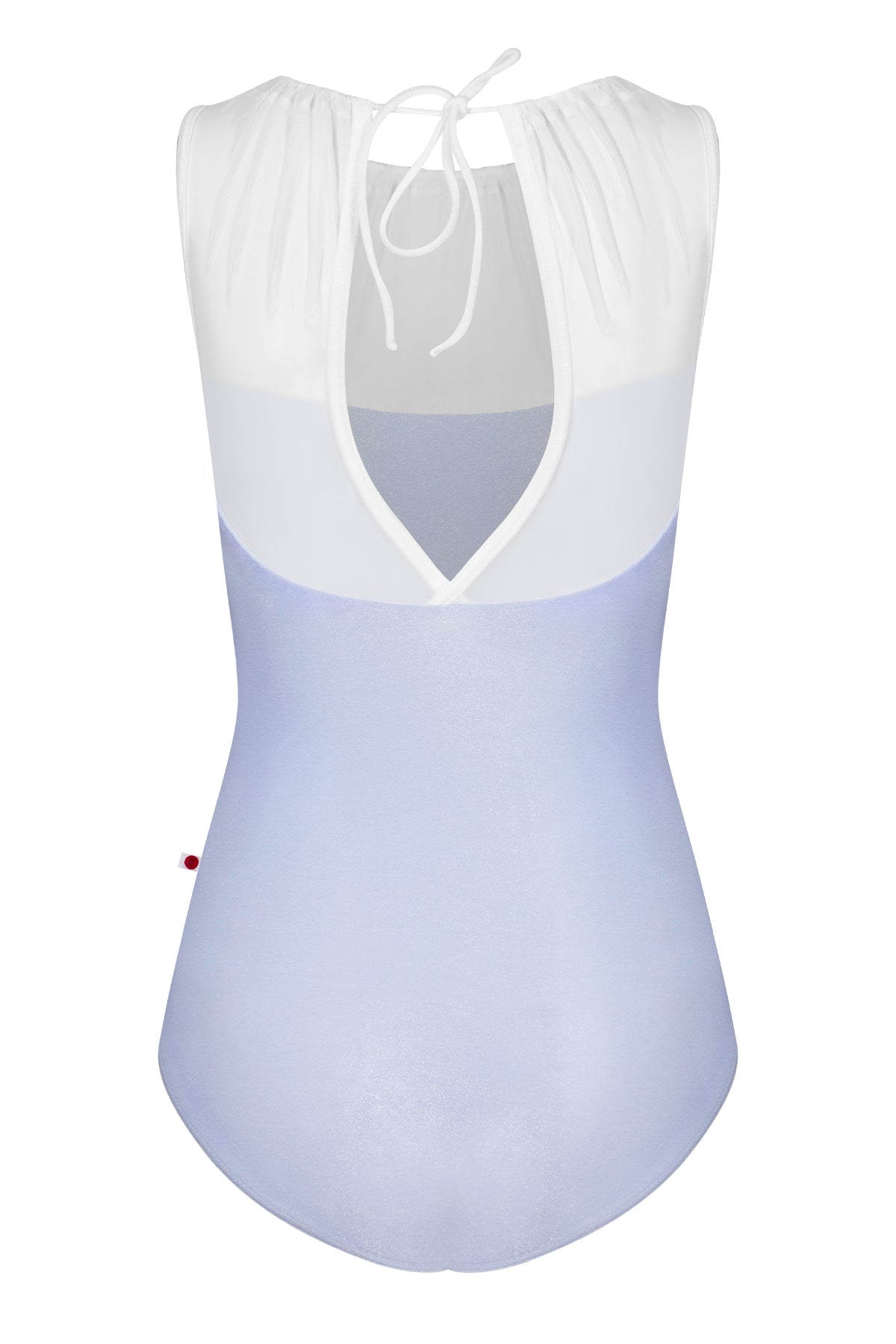 Paris leotard in Serenade, pale periwinkle velvet with a white gathered mesh boat neckline. 