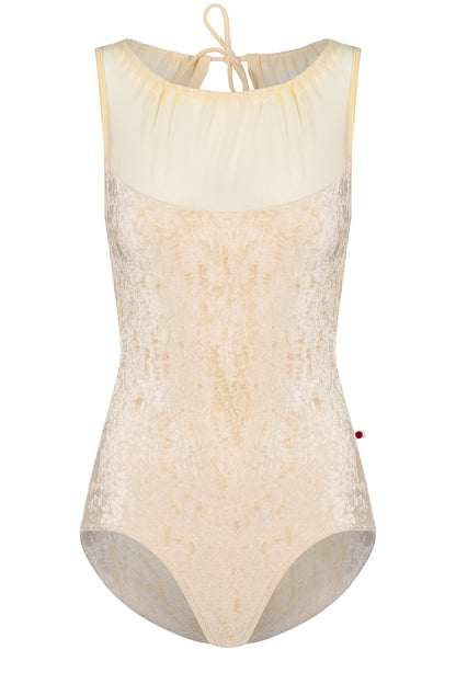 Paris leotard in Vanilla, vanilla velvet with a gathered mesh boat neckline. 