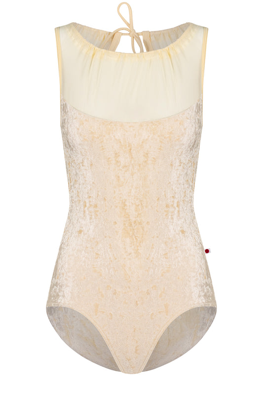 Paris leotard in Vanilla, vanilla velvet with a gathered mesh boat neckline. 