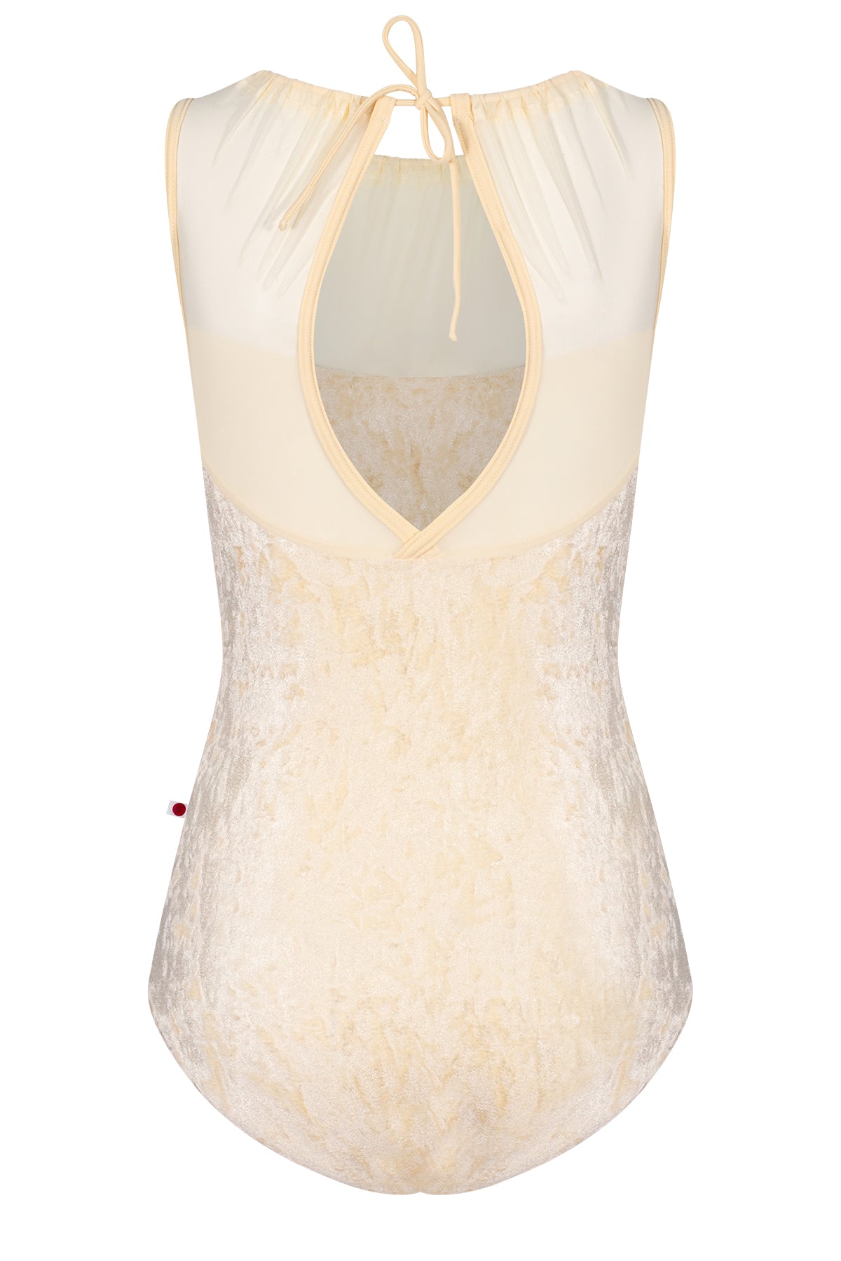 Paris leotard in Vanilla, vanilla velvet with a gathered mesh boat neckline. 