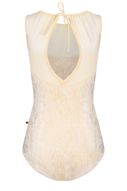 Paris leotard in Vanilla, vanilla velvet with a gathered mesh boat neckline. 