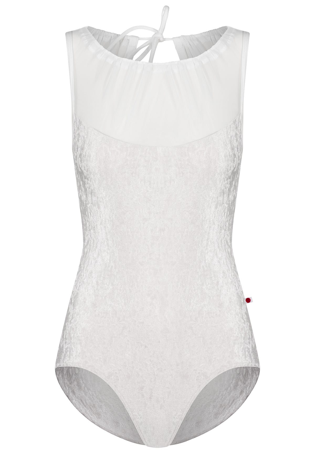 Paris leotard in White, white velvet with a white gathered mesh boat neckline.