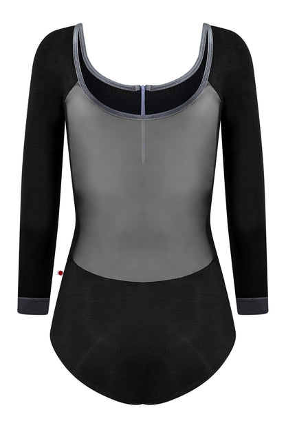 Chloe leotard in N-Black body color with Mesh Black top color, N-Black sleeves, N-Poem zipper & V-Steel trim color