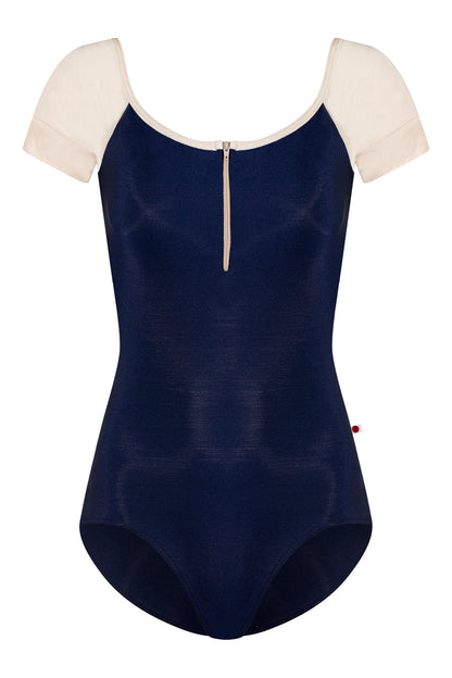Chloe leotard in N-Dark Blue body color with Mesh Dark Blue top color, N-Pearl sleeves and zipper & V-Buttermilk trim color