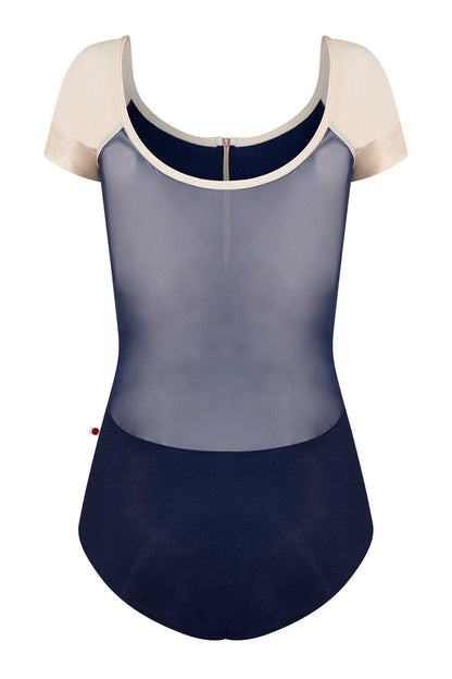 Chloe leotard in N-Dark Blue body color with Mesh Dark Blue top color, N-Pearl sleeves and zipper & V-Buttermilk trim color