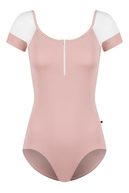 Chloe leotard in T-Petal body color with Mesh Blush top color, T-White sleeves and zipper & T-Petal trim color