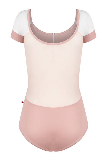 Chloe leotard in T-Petal body color with Mesh Blush top color, T-White sleeves and zipper & T-Petal trim color