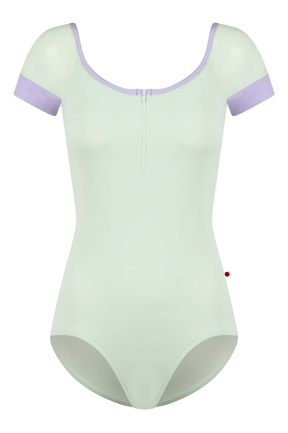 Chloe leotard in T-Pistachio body color with Mesh White top color, T-Pistachio sleeves and zipper & N-Poem trim color
