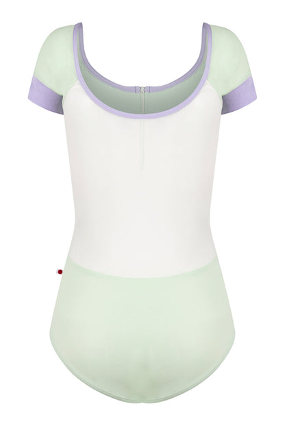 Chloe leotard in T-Pistachio body color with Mesh White top color, T-Pistachio sleeves and zipper & N-Poem trim color