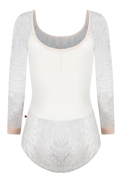 Chloe leotard in CV-Silver body color with Mesh White top color, CV-Silver sleeves and T-Misty Rose zipper & trim color