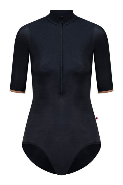 Jessica leotard in N-Black body color with T-Sepia trim color and N-Black zipper & half sleeves