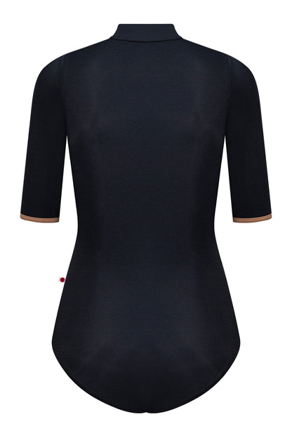 Jessica leotard in N-Black body color with T-Sepia trim color and N-Black zipper & half sleeves