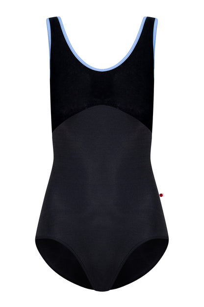 Kids Anna Duo leotard in N-Black body color with V-Black top color and T-Paradise trim color