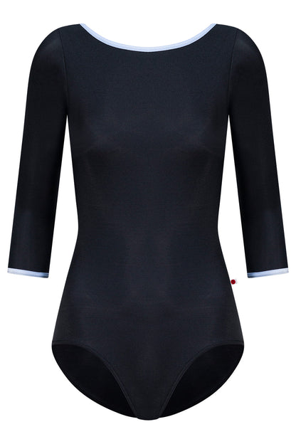 Sofiane leotard in N-Black body color with 3Q Sleeves and V-Serenade trim color