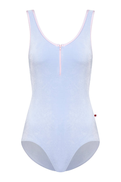 Cora leotard in V-Serenade body color with N-Rose trim & zipper color