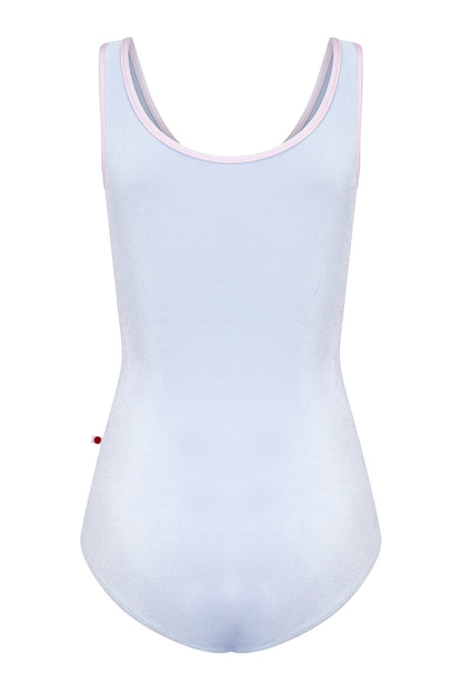 Cora leotard in V-Serenade body color with N-Rose trim & zipper color