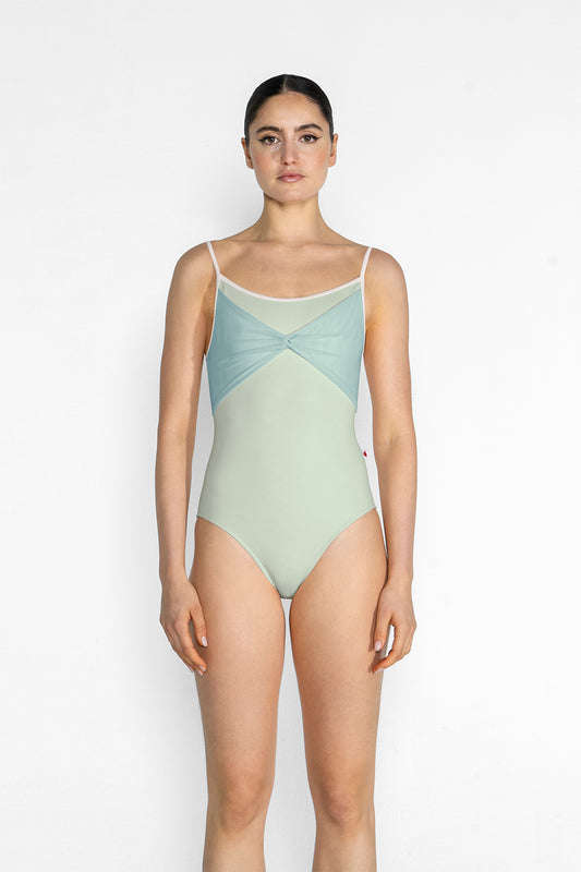 Kathy leotard in T-Pistachio body color, T-White trim color with Mesh Whisper overlay