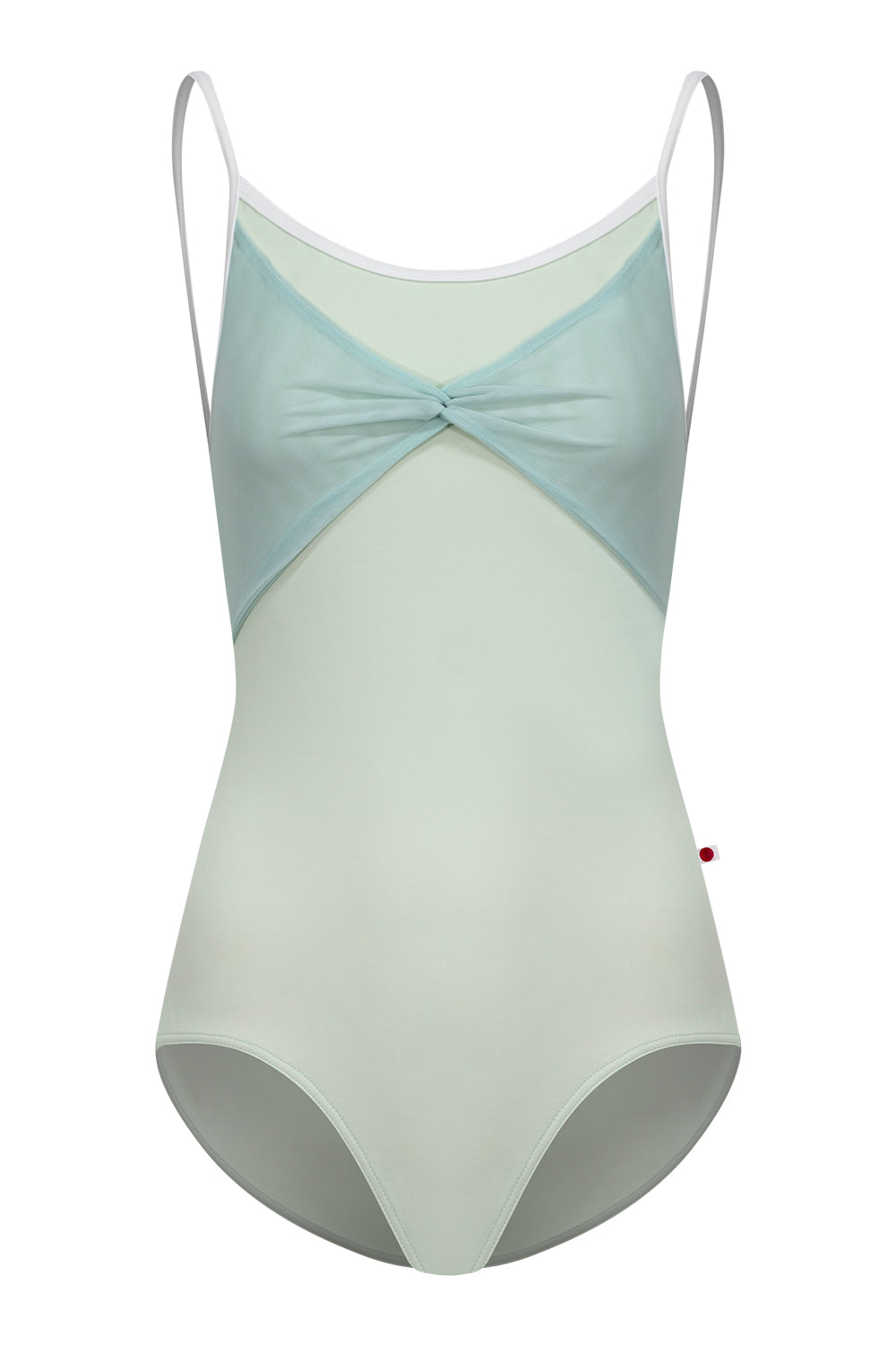 Kathy leotard in T-Pistachio body color, T-White trim color with Mesh Whisper overlay