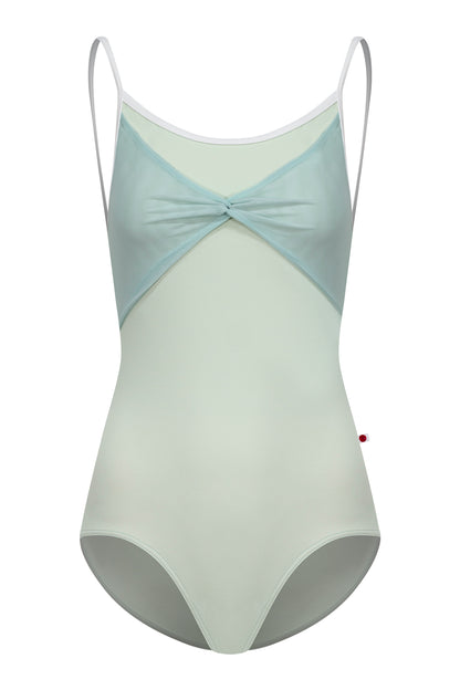 Kathy leotard in T-Pistachio body color, T-White trim color with Mesh Whisper overlay