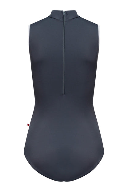 Kumiko leotard in T-Titanium body color with T-White trim color and T-Titanium zipper color