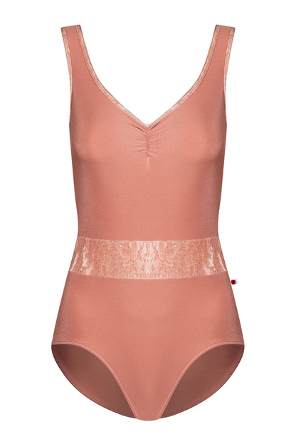 Lucy leotard in N-Rosewood body & top color with CV-Pecan trim and middle band color