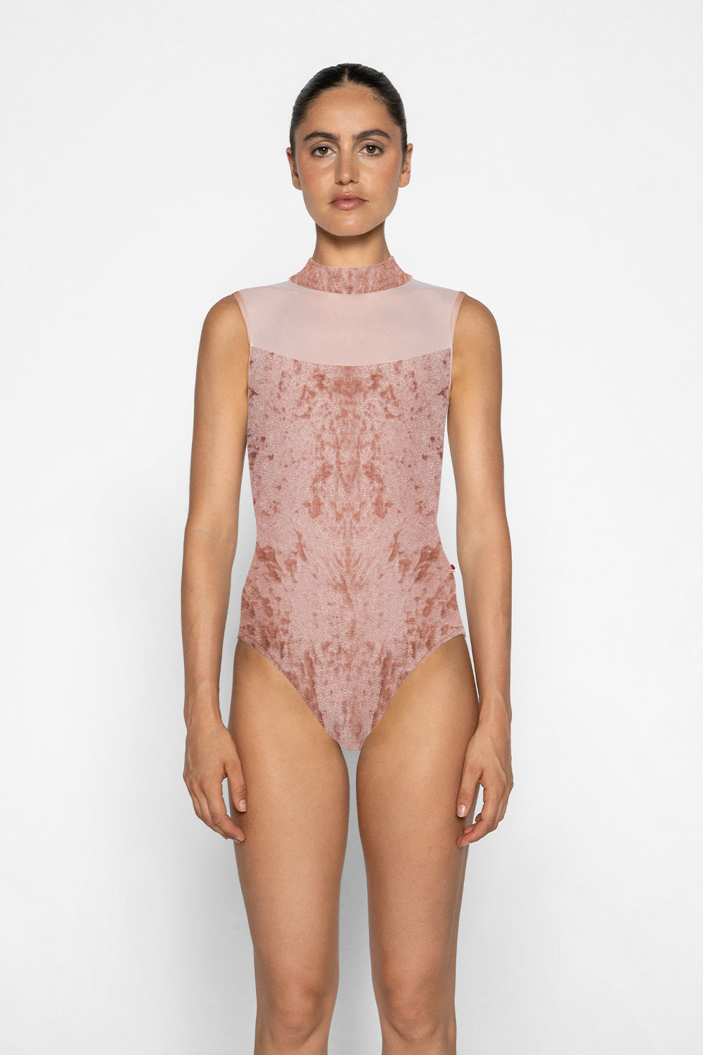 Camila leotard in CV-Pecan body color with Mesh Blush top color and T-Misty Rose trim and straps color