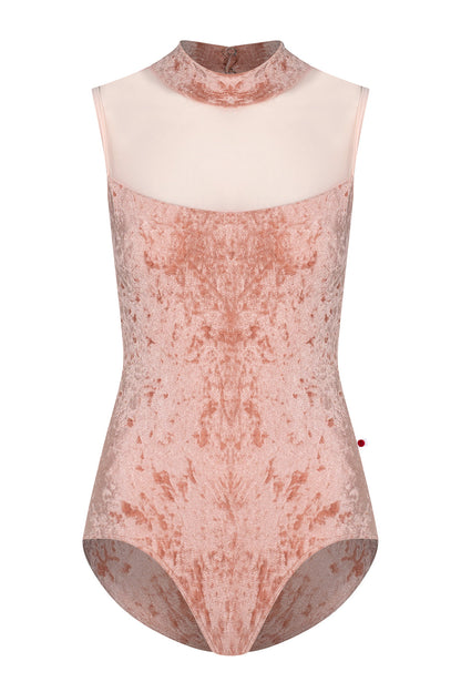 Camila leotard in CV-Pecan body color with Mesh Blush top color and T-Misty Rose trim and straps color