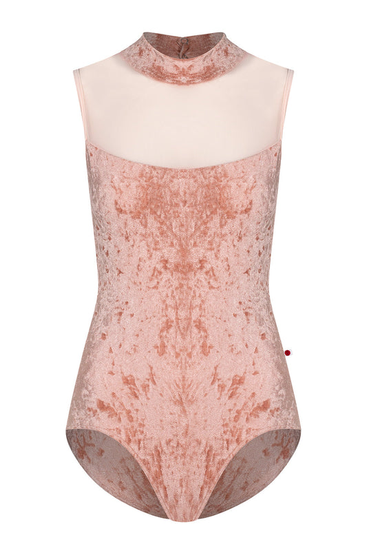 Camila leotard in CV-Pecan body color with Mesh Blush top color and T-Misty Rose trim and straps color