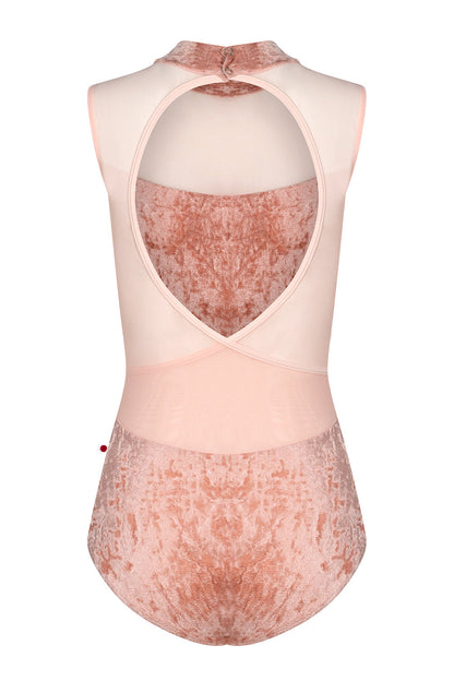 Camila leotard in CV-Pecan body color with Mesh Blush top color and T-Misty Rose trim and straps color