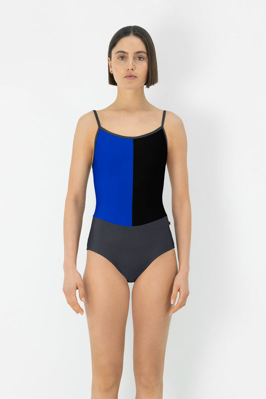 Kayoko leotard in T-Titanium body & trim color with T-Captain Top color 1 and T-Black Top color 2