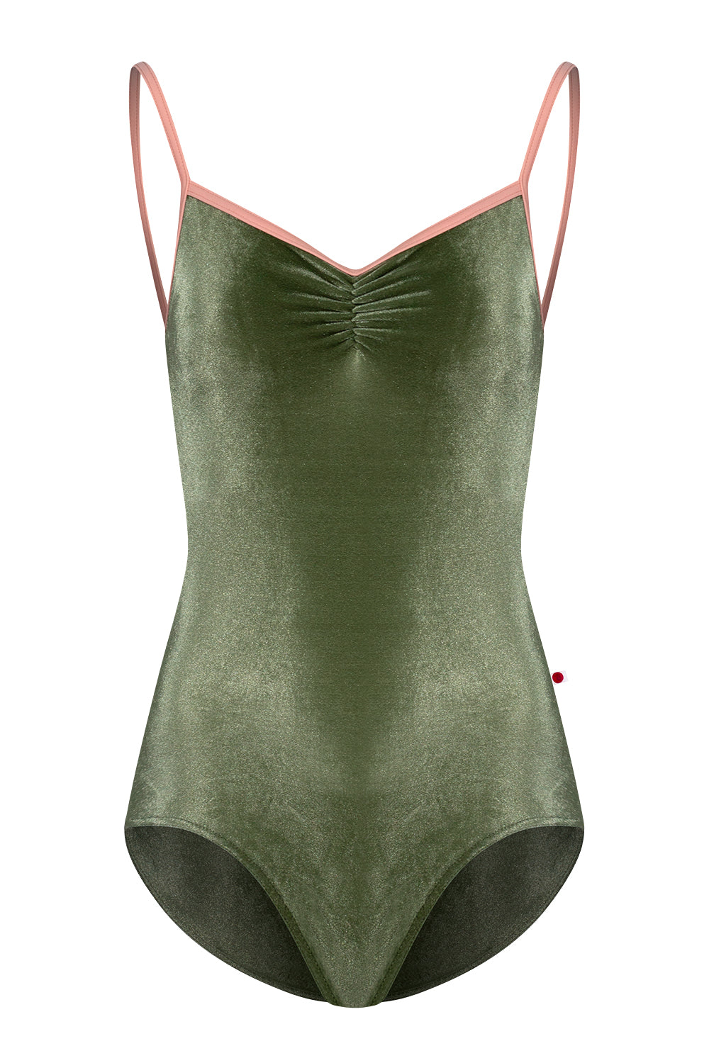 Kiki pinched leotard in V-Safari body color with N-Nectar trim color