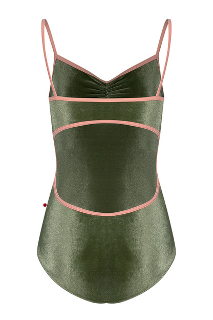 Kiki pinched leotard in V-Safari body color with N-Nectar trim color