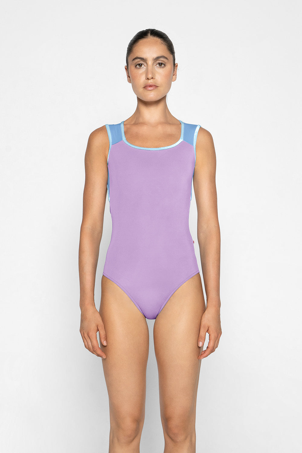 Lauren leotard in T-Ribbon body color with N-Moontide top color and N-Mirror trim color