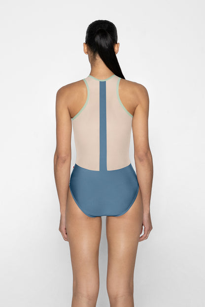 Sasha leotard in N-Riva body color with Mesh White top color and T-Pistachio trim color