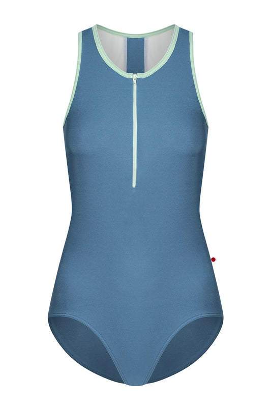Sasha leotard in N-Riva body color with Mesh White top color and T-Pistachio trim color