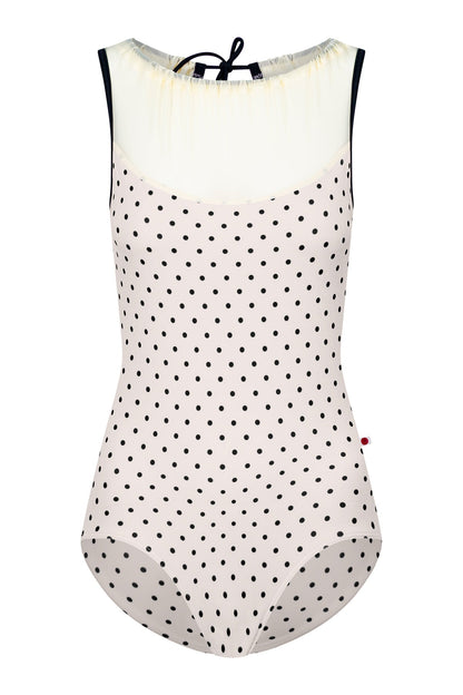 Paris leotard in T-Lunares Cream body with Mesh Vanilla top color and T-Black trim color