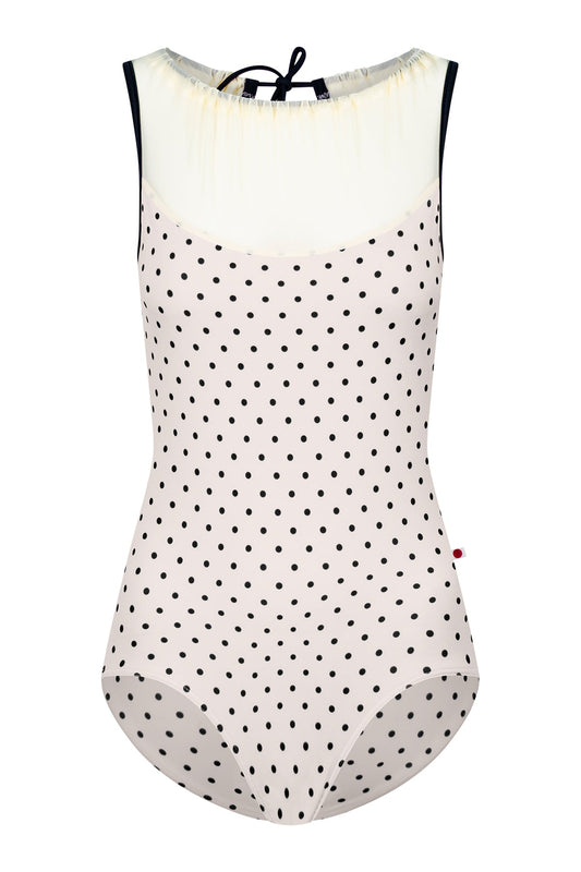 Paris leotard in T-Lunares Cream body with Mesh Vanilla top color and T-Black trim color