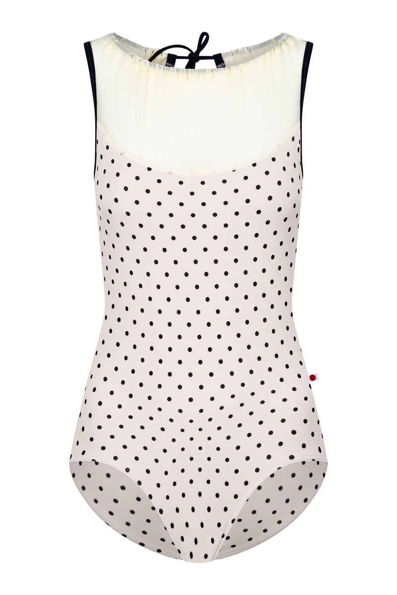 Paris leotard in T-Lunares Cream body with Mesh Vanilla top color and T-Black trim color
