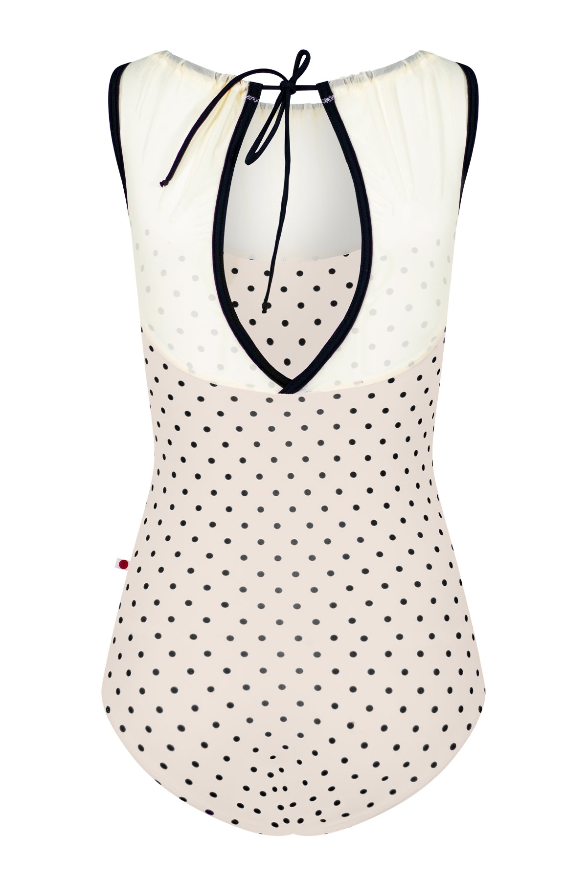 Paris leotard in T-Lunares Cream body with Mesh Vanilla top color and T-Black trim color