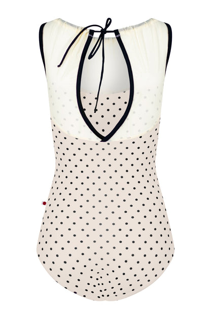 Paris leotard in T-Lunares Cream body with Mesh Vanilla top color and T-Black trim color