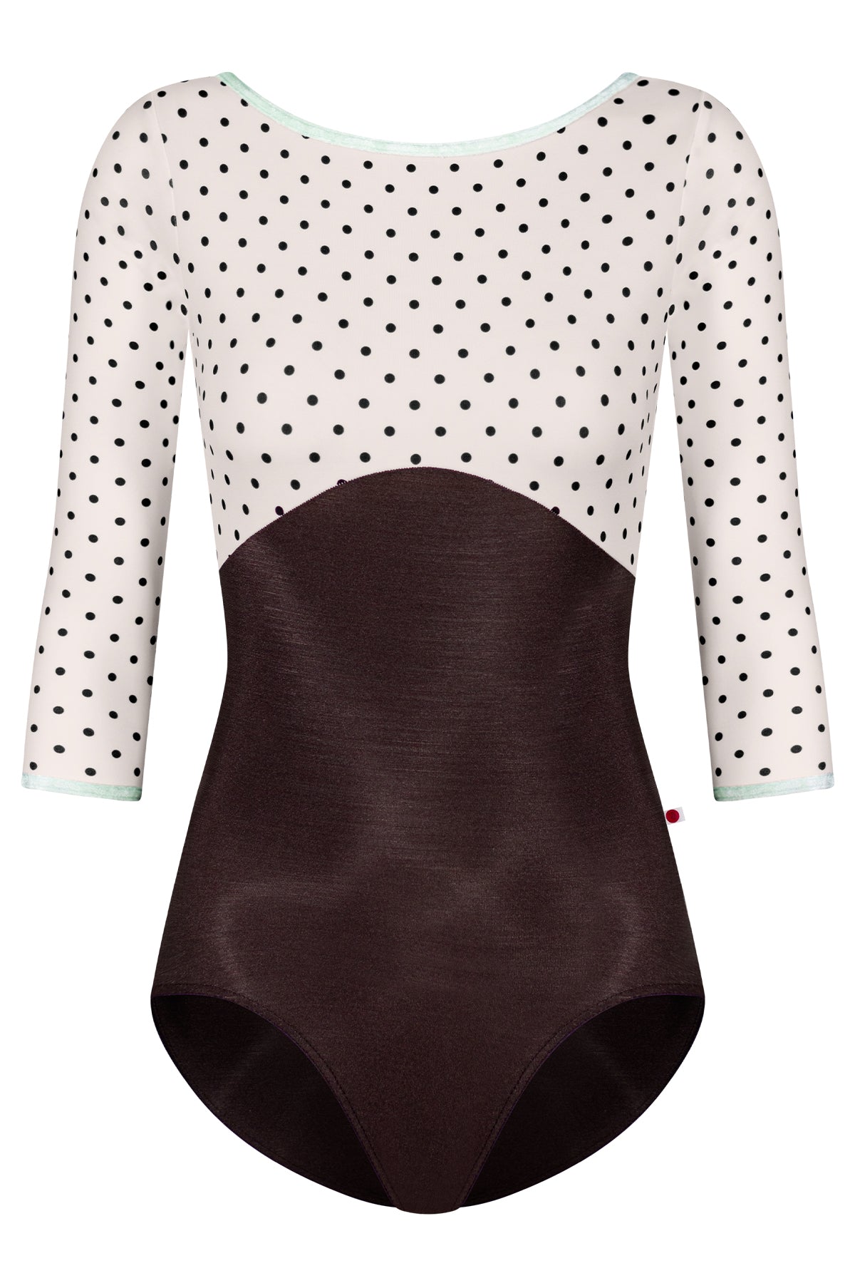 Sofiane Duo leotard in N-Espresso body color with T-Lunares Cream top & 3Q Sleeves and CV-Pistachio trim color
