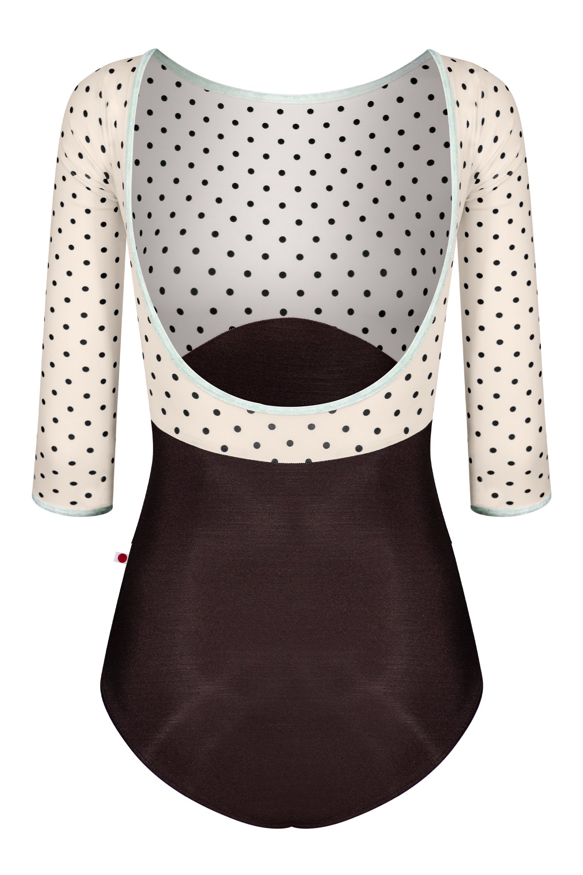 Sofiane Duo leotard in N-Espresso body color with T-Lunares Cream top & 3Q Sleeves and CV-Pistachio trim color