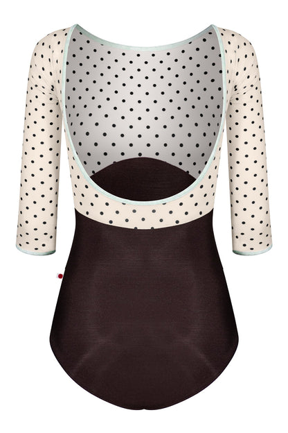 Sofiane Duo leotard in N-Espresso body color with T-Lunares Cream top & 3Q Sleeves and CV-Pistachio trim color
