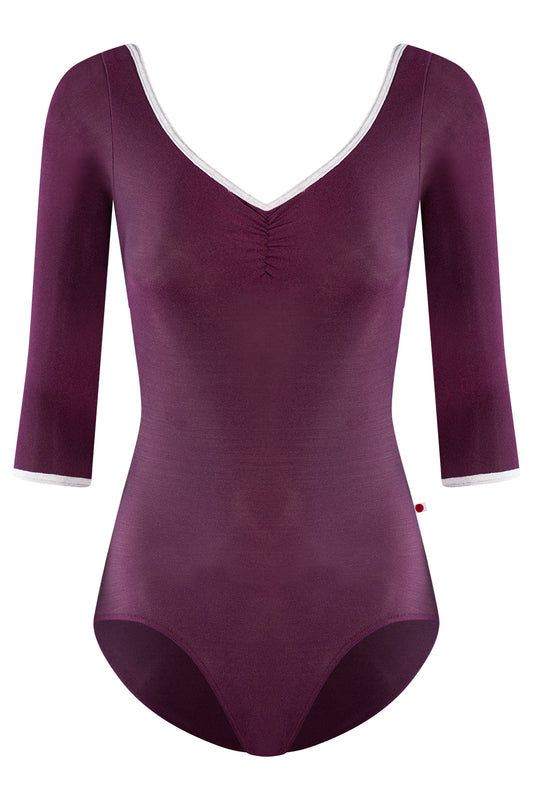 Anna leotard, aubergine-purple with a ruched V-neck, white trim and three-quarter sleeves.