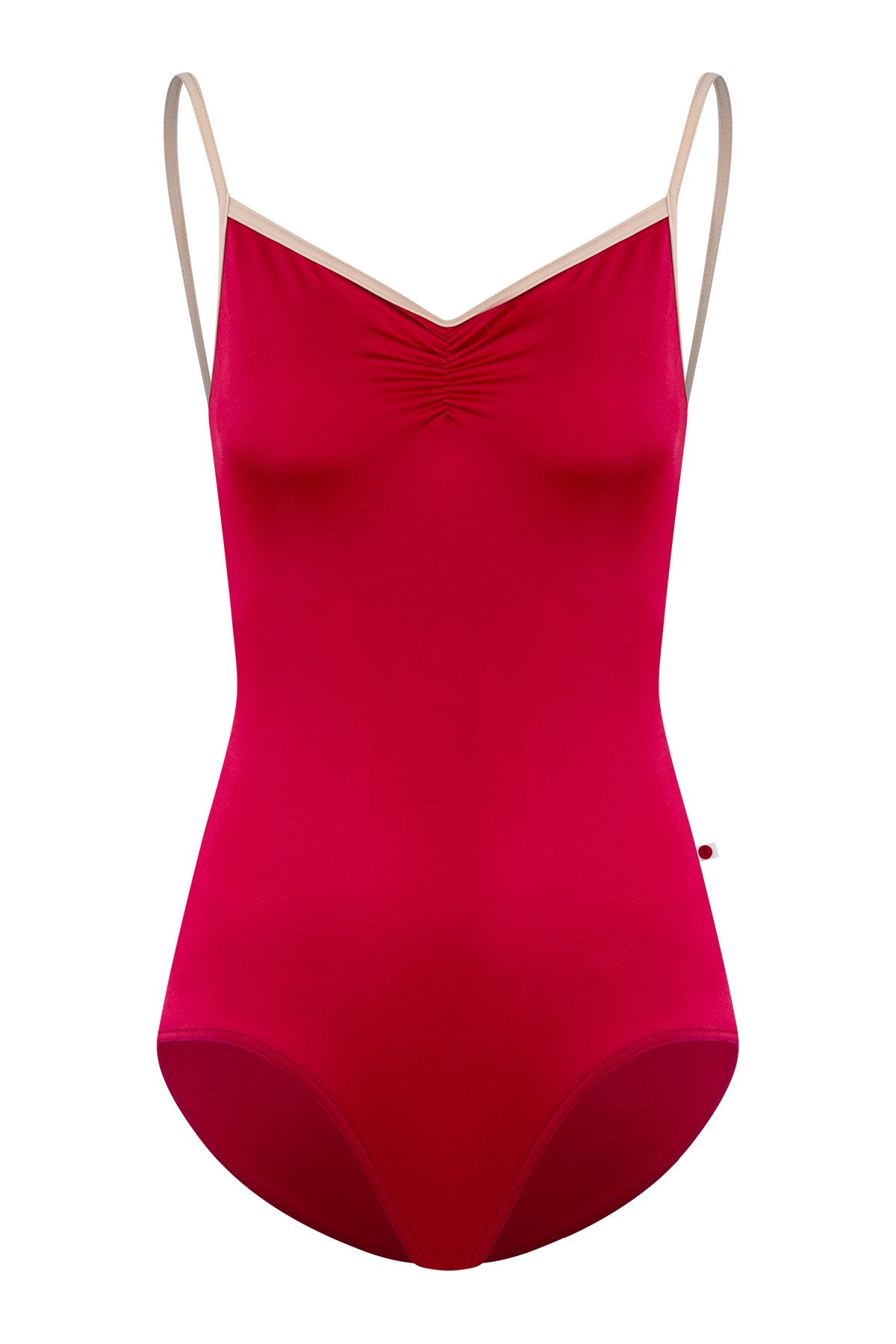 Daniela leotard, red with a ruched V-neck and contrasting nude straps.