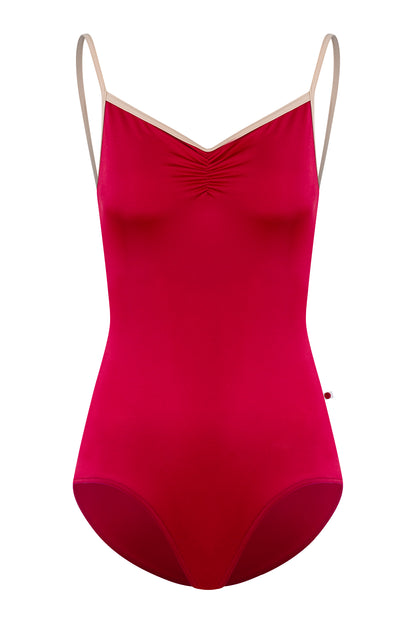 Daniela leotard, red with a ruched V-neck and contrasting nude straps.