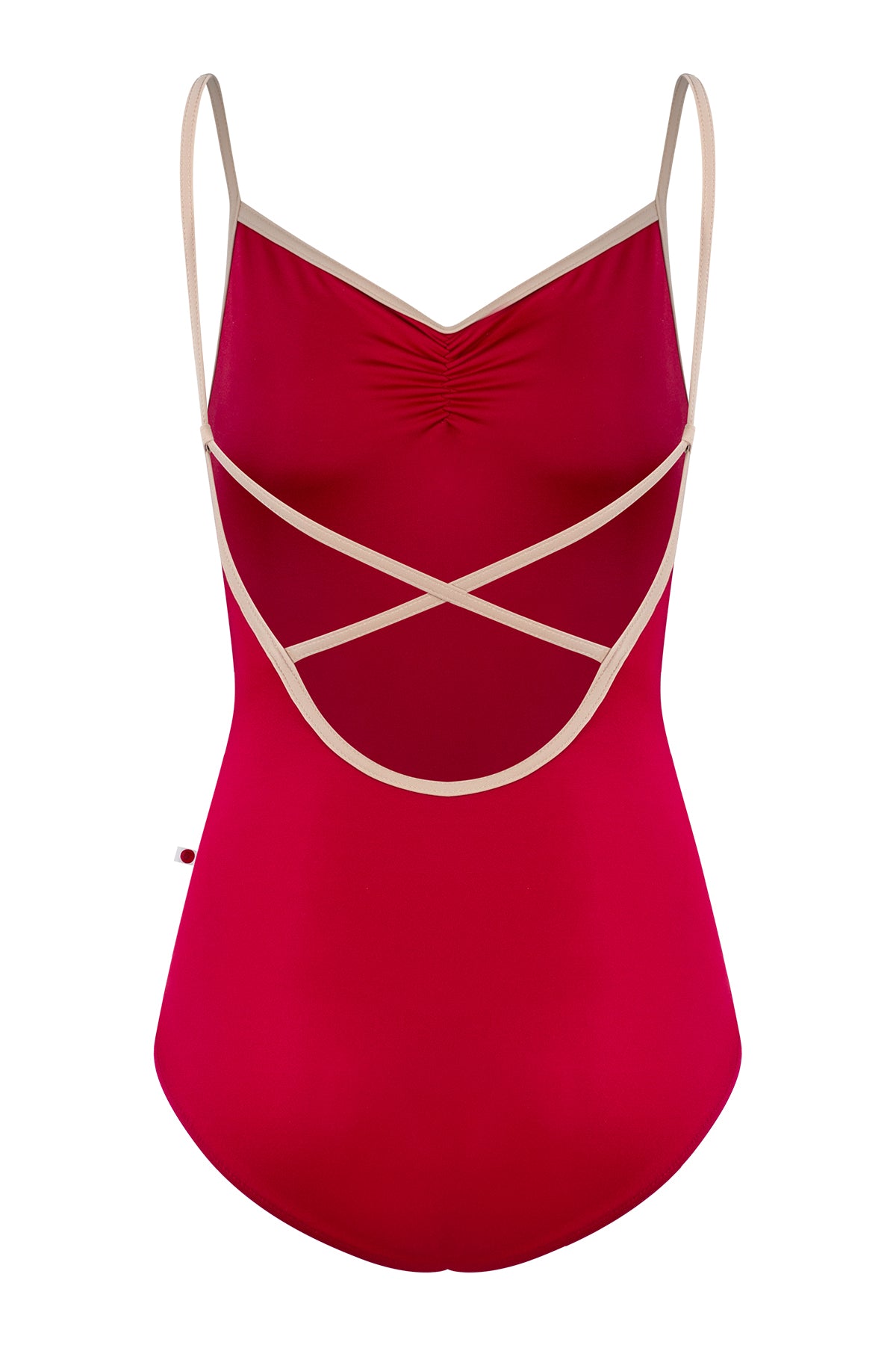 Daniela leotard, red with a ruched V-neck and contrasting nude straps.