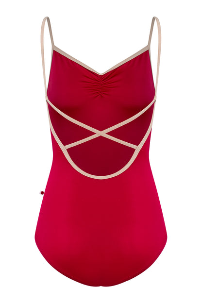 Daniela leotard, red with a ruched V-neck and contrasting nude straps.