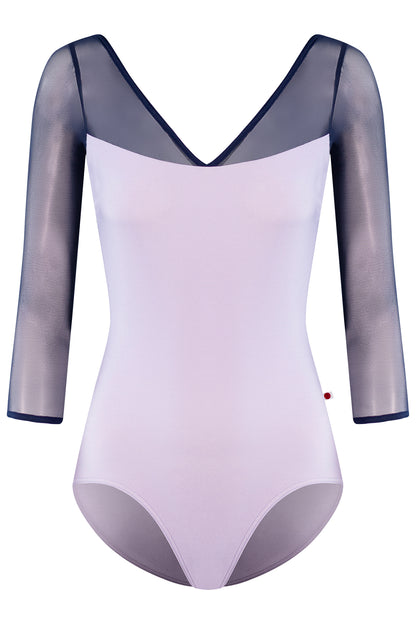 Masha leotard, lilac with sheer navy mesh three-quarter sleeves and a navy-trimmed V-neck.